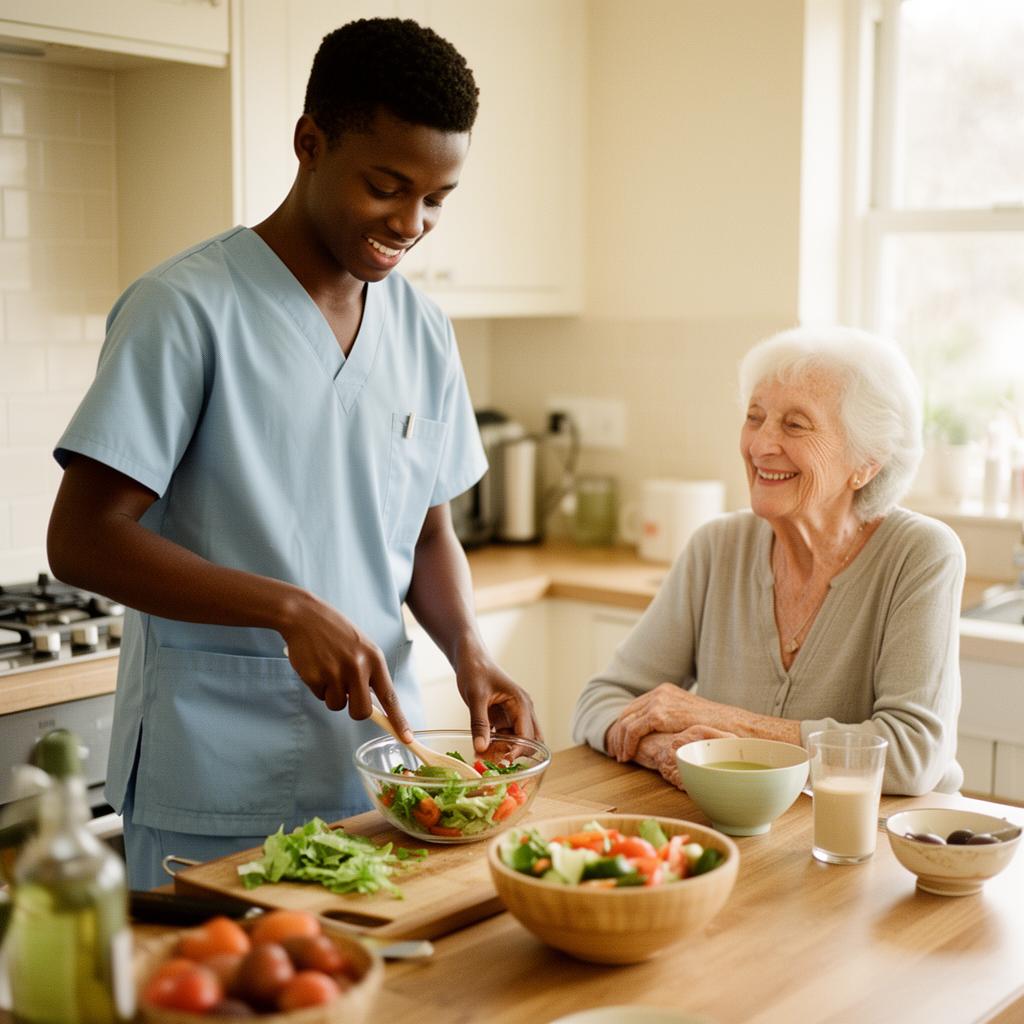 Caregiver preparing a fresh meal with an elderly client smiling nearby